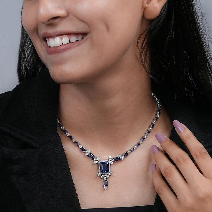 Sapphire Emerald Cut And Diamond Necklace