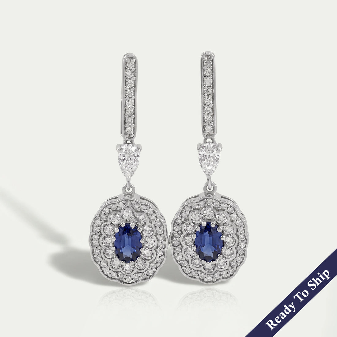 Sapphire Oval Gemstone And Double Halo Drop Earrings Earrings