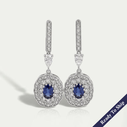 Sapphire Oval Gemstone And Double Halo Drop Earrings Earrings