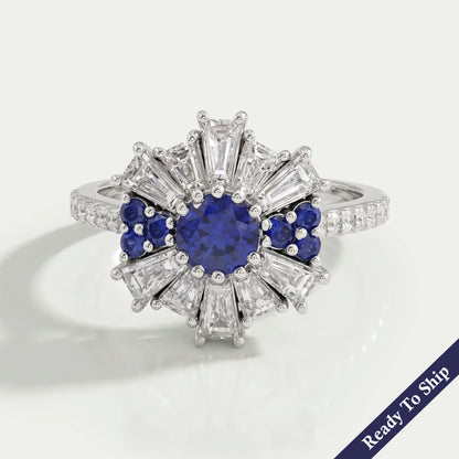 Sapphire Round And Tapered Baguette Diamond Cluster Ring