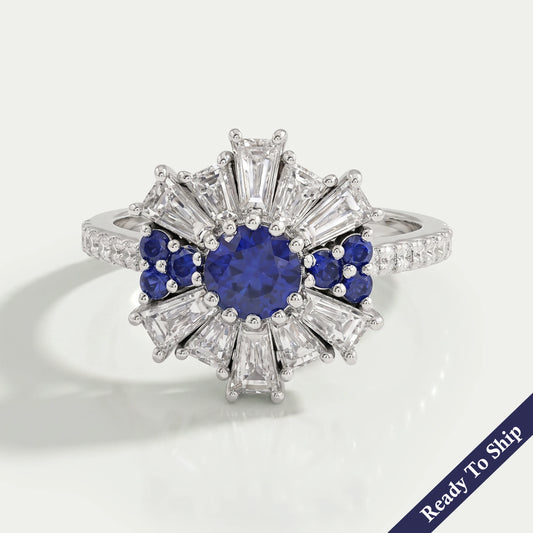 Sapphire Round And Tapered Baguette Diamond Cluster Ring
