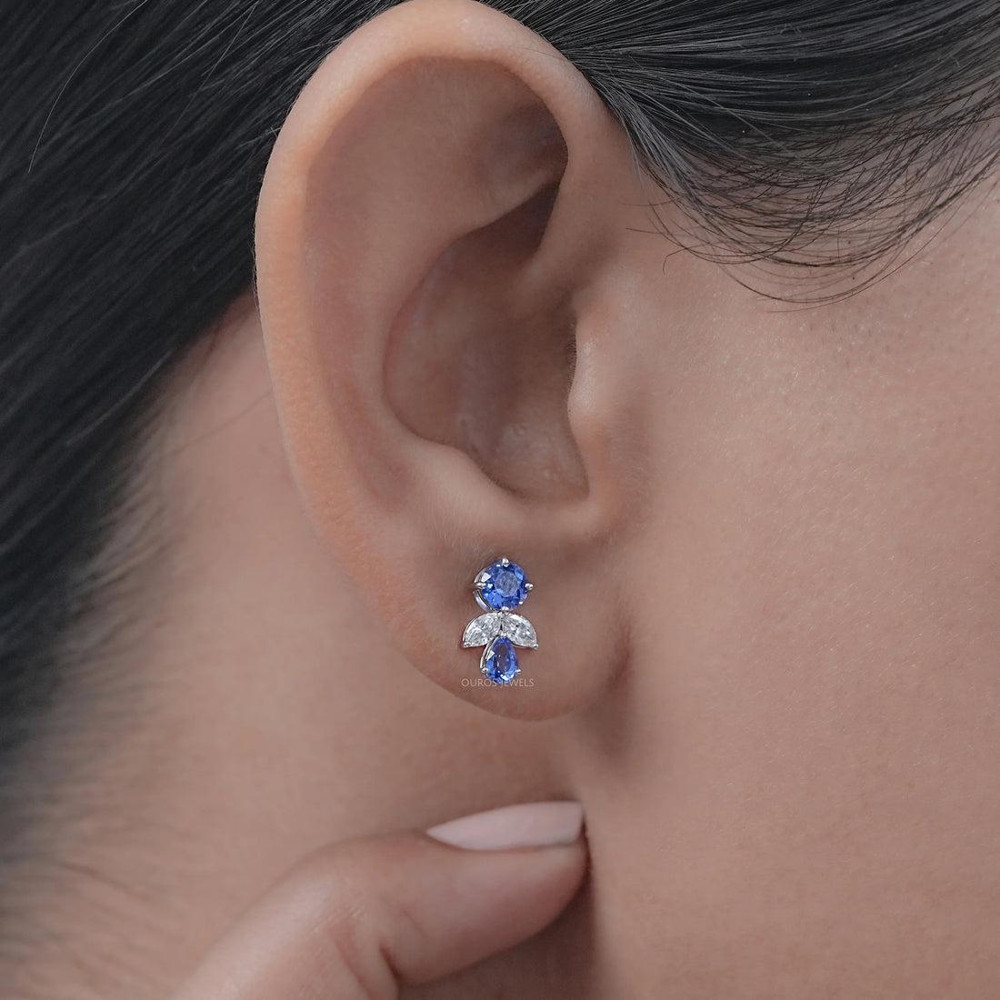 Sapphire Round And Pear Gemstone Stud Earrings Earrings