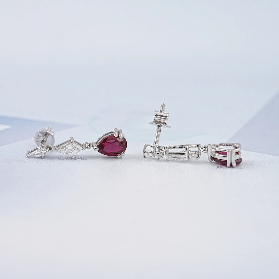 Dangling Kite Cut And Pear Shape Ruby Drop Earrings