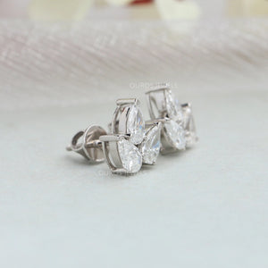 Three Stone Pear Cut Lab Diamond Stud Earrings