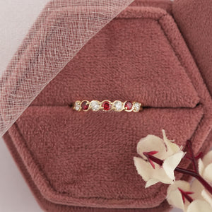 Diamond Half Eternity Band With Red Gemstone Round Cut