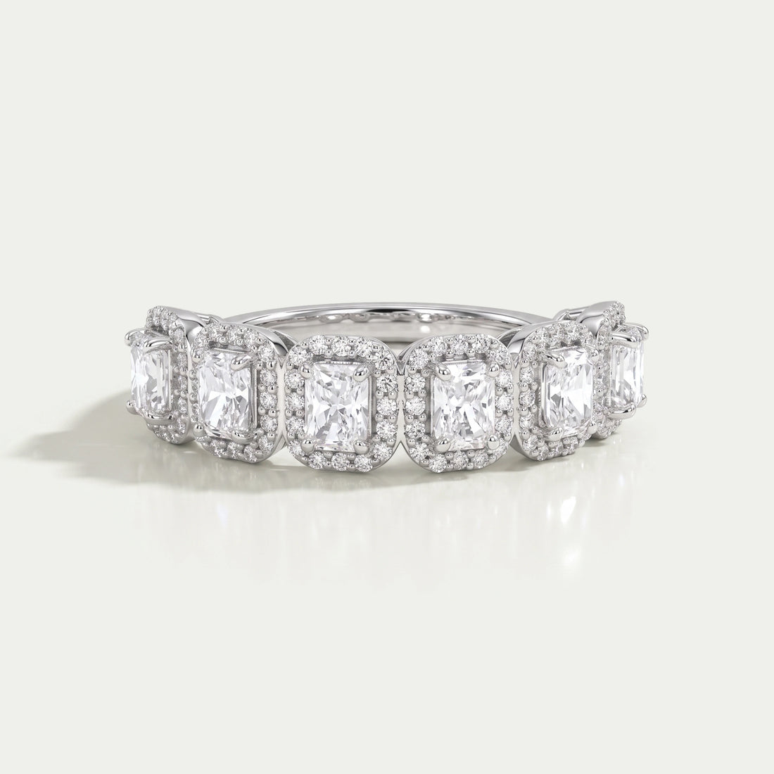 Radiant Cut Halo Half Eternity Wedding Band Rings