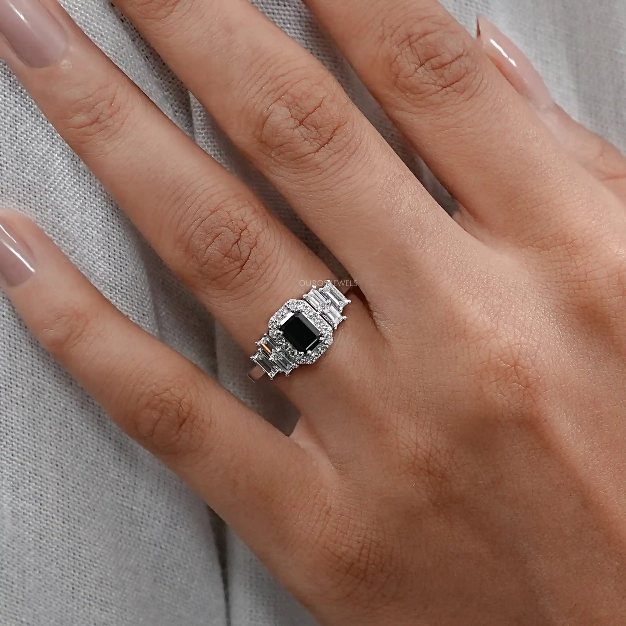Black Emerald Cut Accent Diamond Engagement Ring Rings