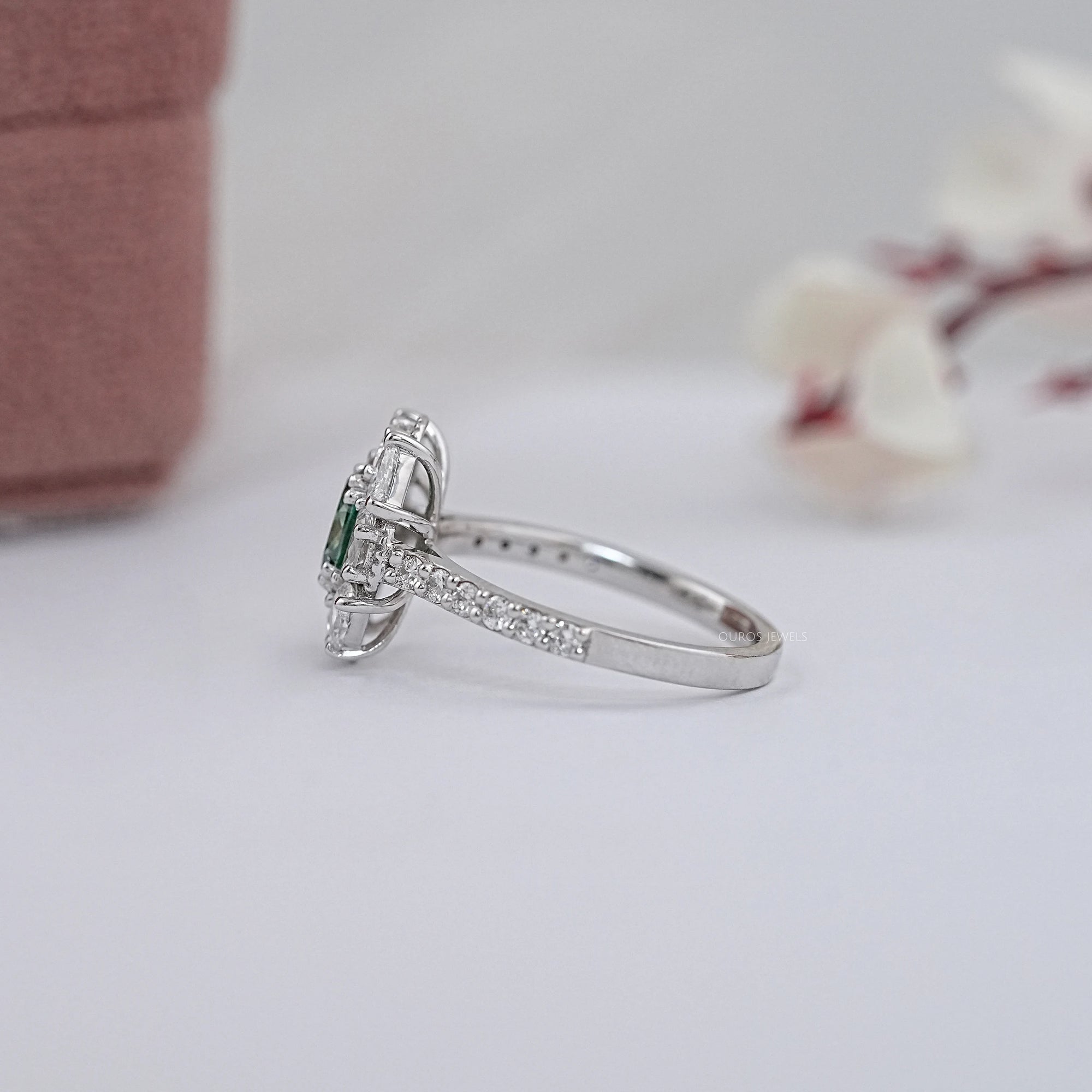 Green Oval Cut Half Moon Halo Engagement Ring Rings