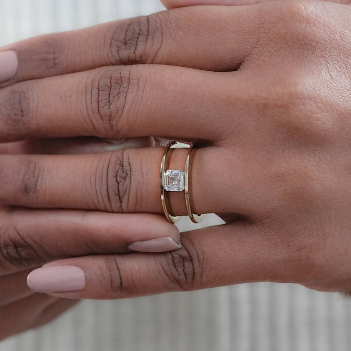 Asscher Lab Diamond Double Band Solitaire Ring