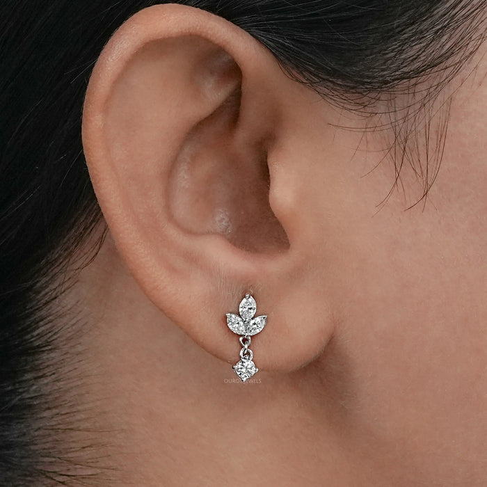 Marquise and Round Cut Diamond Dainty Drop Earrings