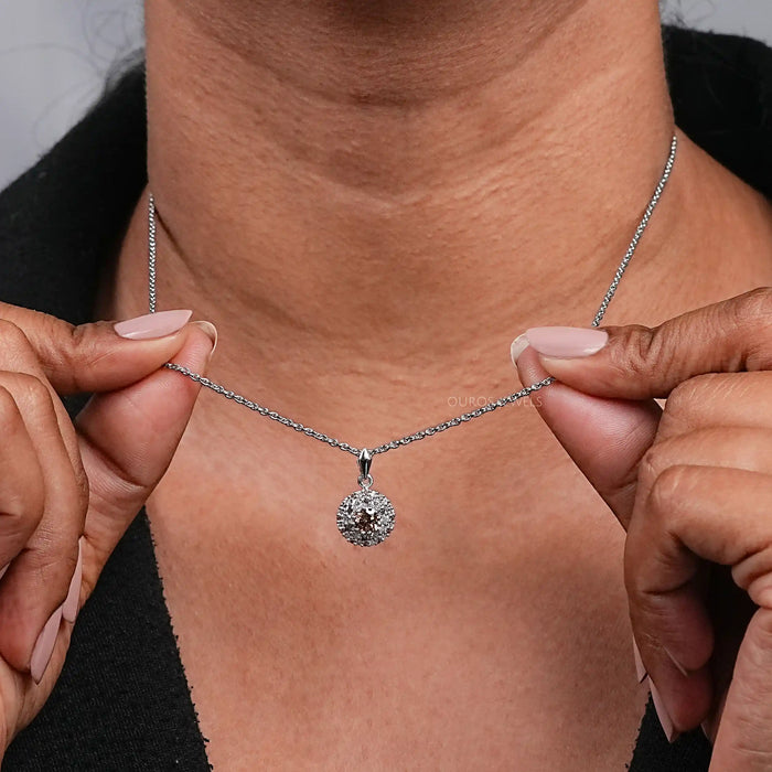 Double Halo Round Shape Brown Diamond Pendant