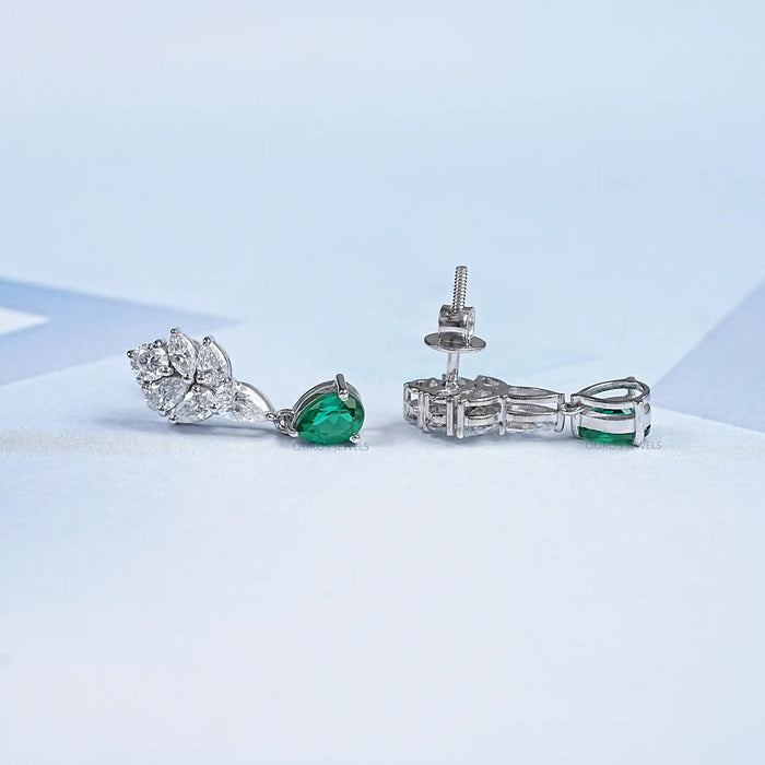 Green Emerald And Pear Diamond Cluster Earrings