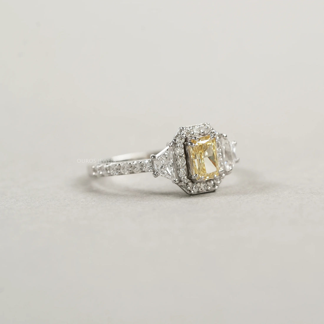 Yellow Radiant Cut Halo Three Stone Engagement Ring