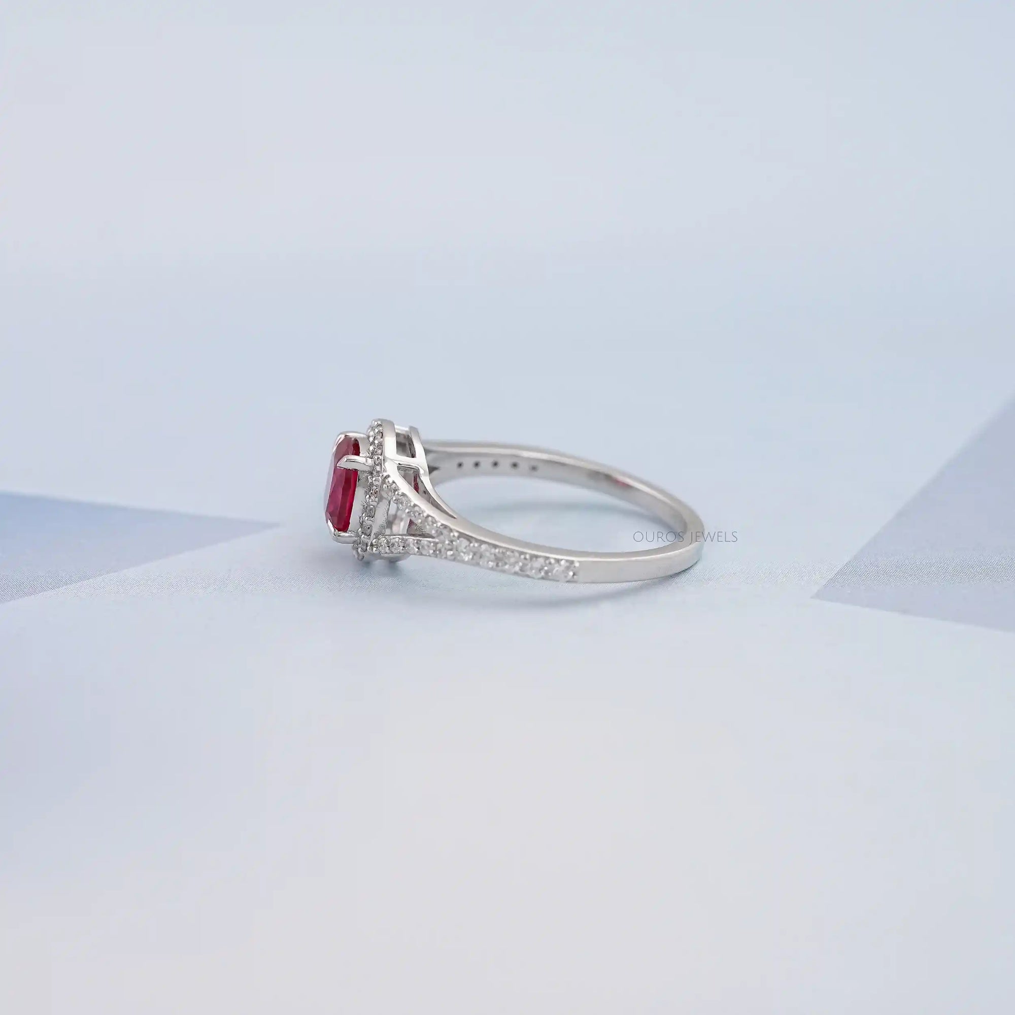 Cushion Cut Red Ruby Split Shank Halo Engagement Ring Ring