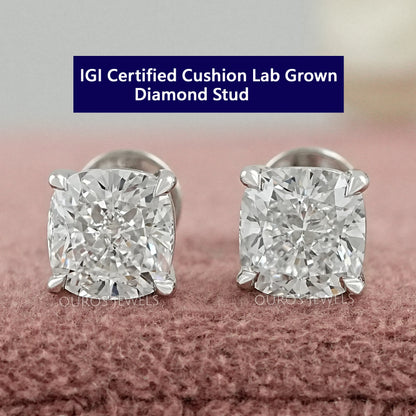 Square Cushion Cut Lab Diamond Solitaire Stud Earrings