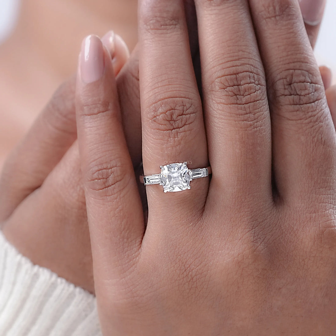 Square Old Mine Cushion Cut Lab Diamond Three Stone Ring Ring