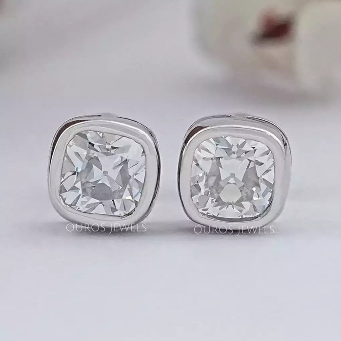 Square Old Mine Cushion Diamond Bezel Stud Earrings