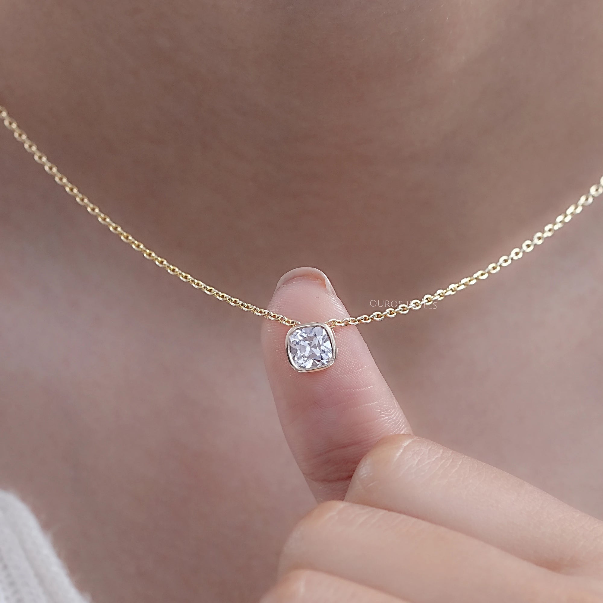 Square Old Mine Cushion Cut Bezel Solitaire Pendant Necklaces