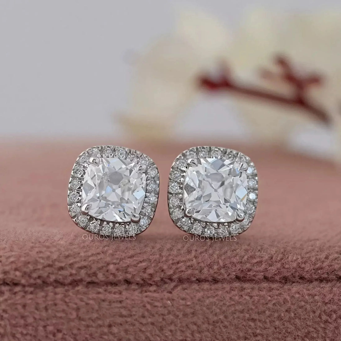 Square Old Mine Cushion Diamond Halo Stud Earrings Earring