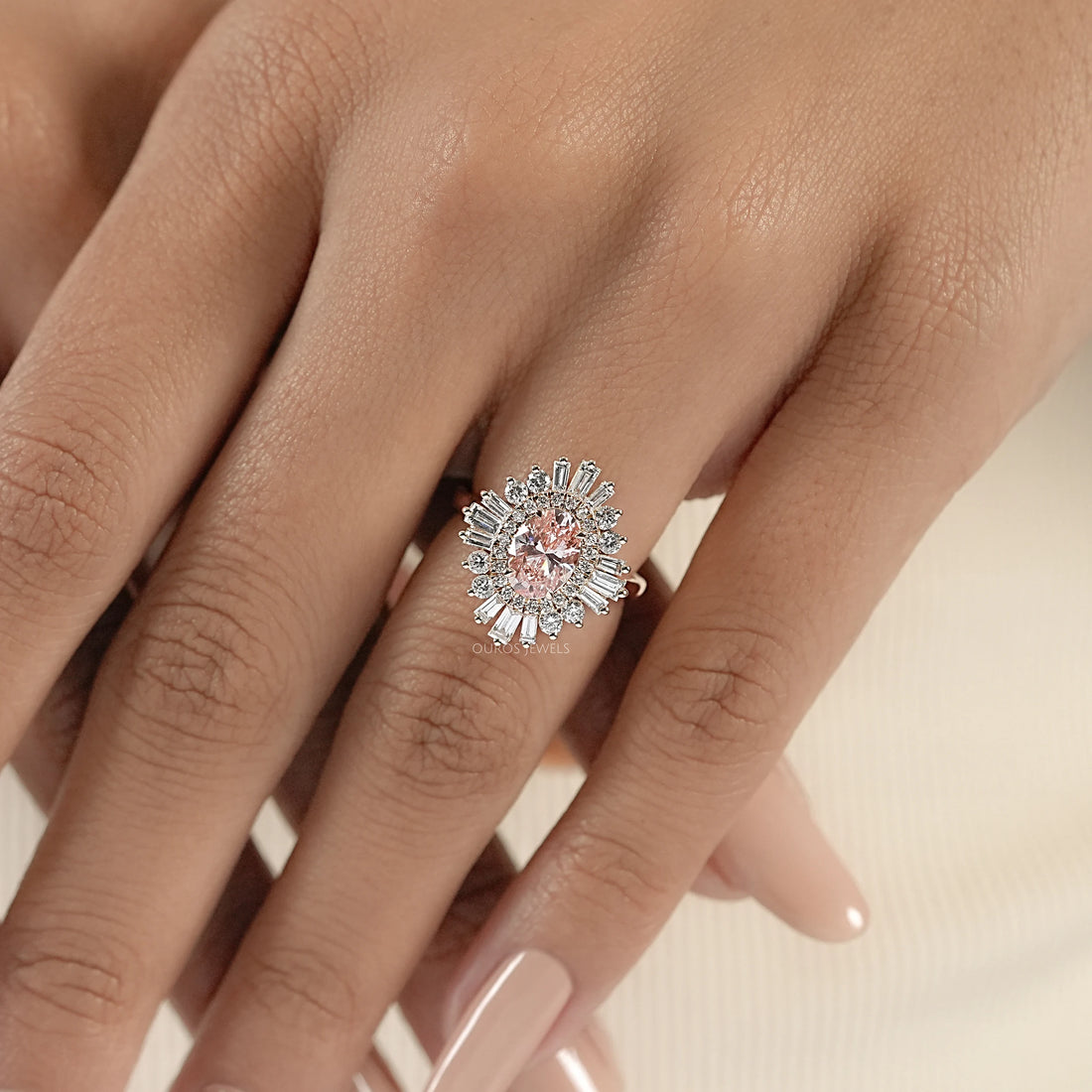 Fancy Vivid Pink Oval Cut Double Halo Sunbrust Ring Rings