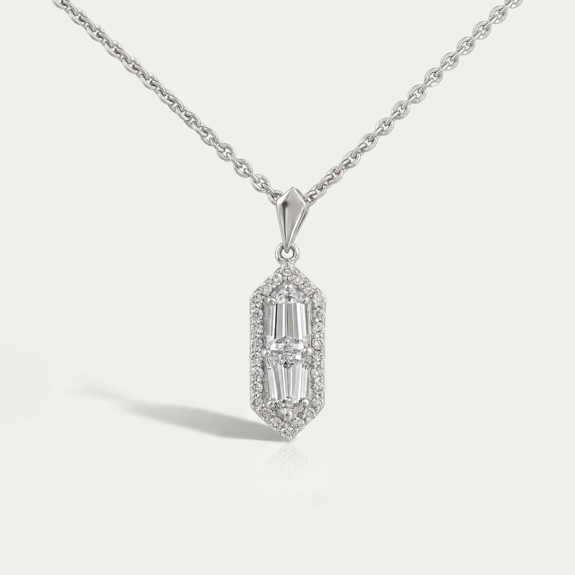Step Cut Arrow Diamond Halo Pendant Necklaces