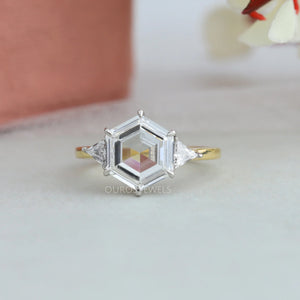 Step Cut Hexagon Shape Lab Diamond Three Stone Ring