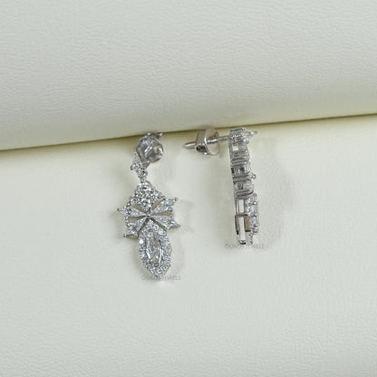 Step Cut Oval Diamond Cluster Dangle Drop Earrings