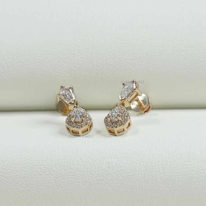 Halo Diamond  Step Cut Pear Dangle Earrings