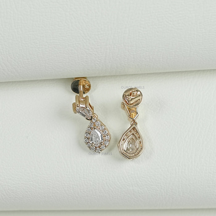 Halo Diamond  Step Cut Pear Dangle Earrings