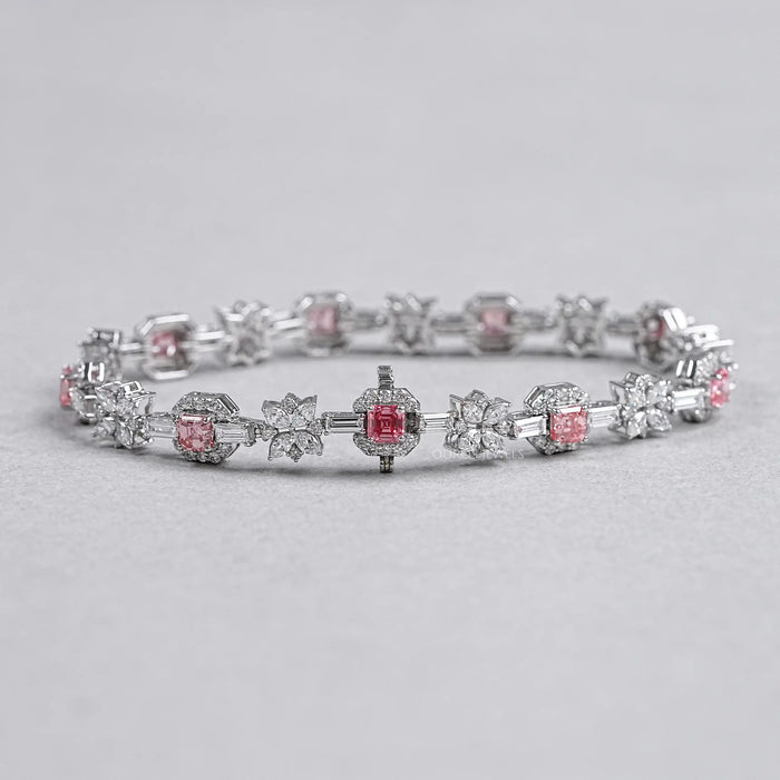 Flower And Pink Asscher Diamond Tennis Bracelet