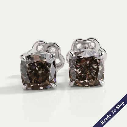 Olive Cushion Cut Solitaire Diamond Stud Earrings