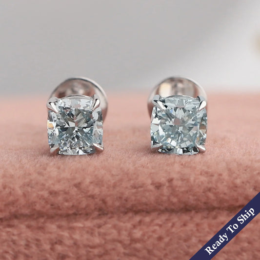 Cushion Blue Lab Diamond Stud Earring