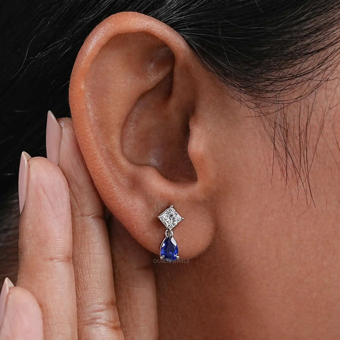 Pear Sapphire And  Princess Diamond Two Stone Earrings