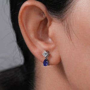 Pear Sapphire And  Princess Diamond Two Stone Earrings