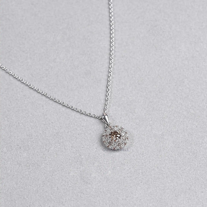 Double Halo Round Shape Brown Diamond Pendant