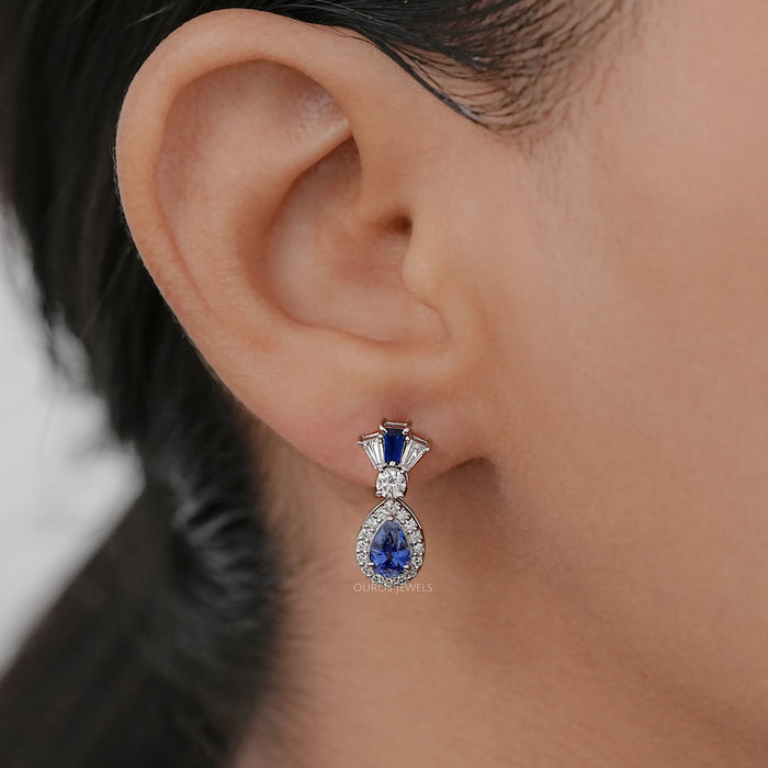 Pear Blue Gemstone And Tapered Baguette Halo Drop Earrings