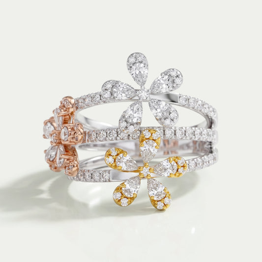 Three Flower Diamond Bridal Ring Gold