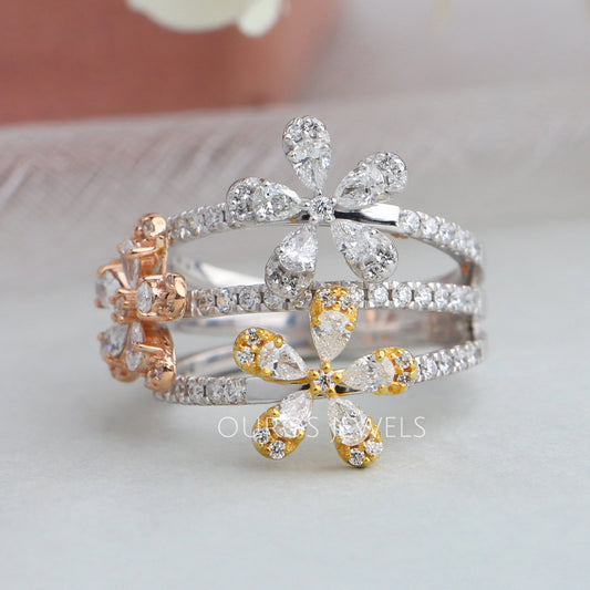 Three Flower Diamond Bridal Ring Gold
