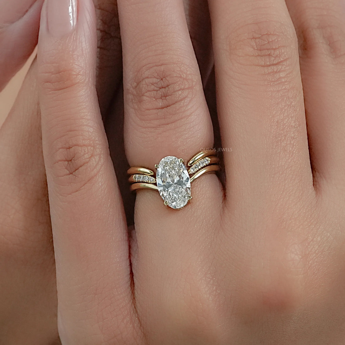 Three Row Oval Lab Diamond Bridal Ring Set Rings