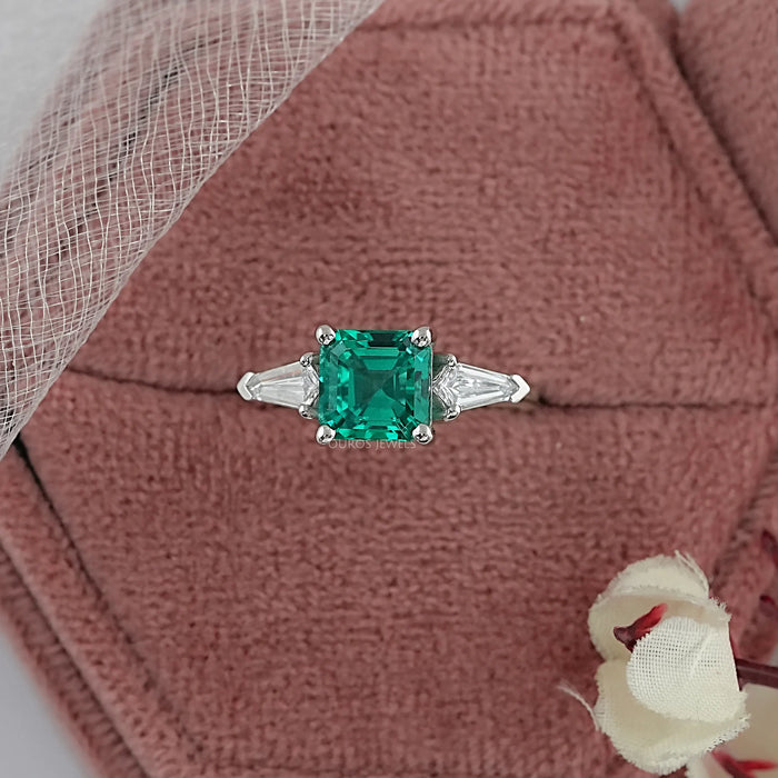 Asscher Cut Green Gemstone Three Stone Engagement Ring