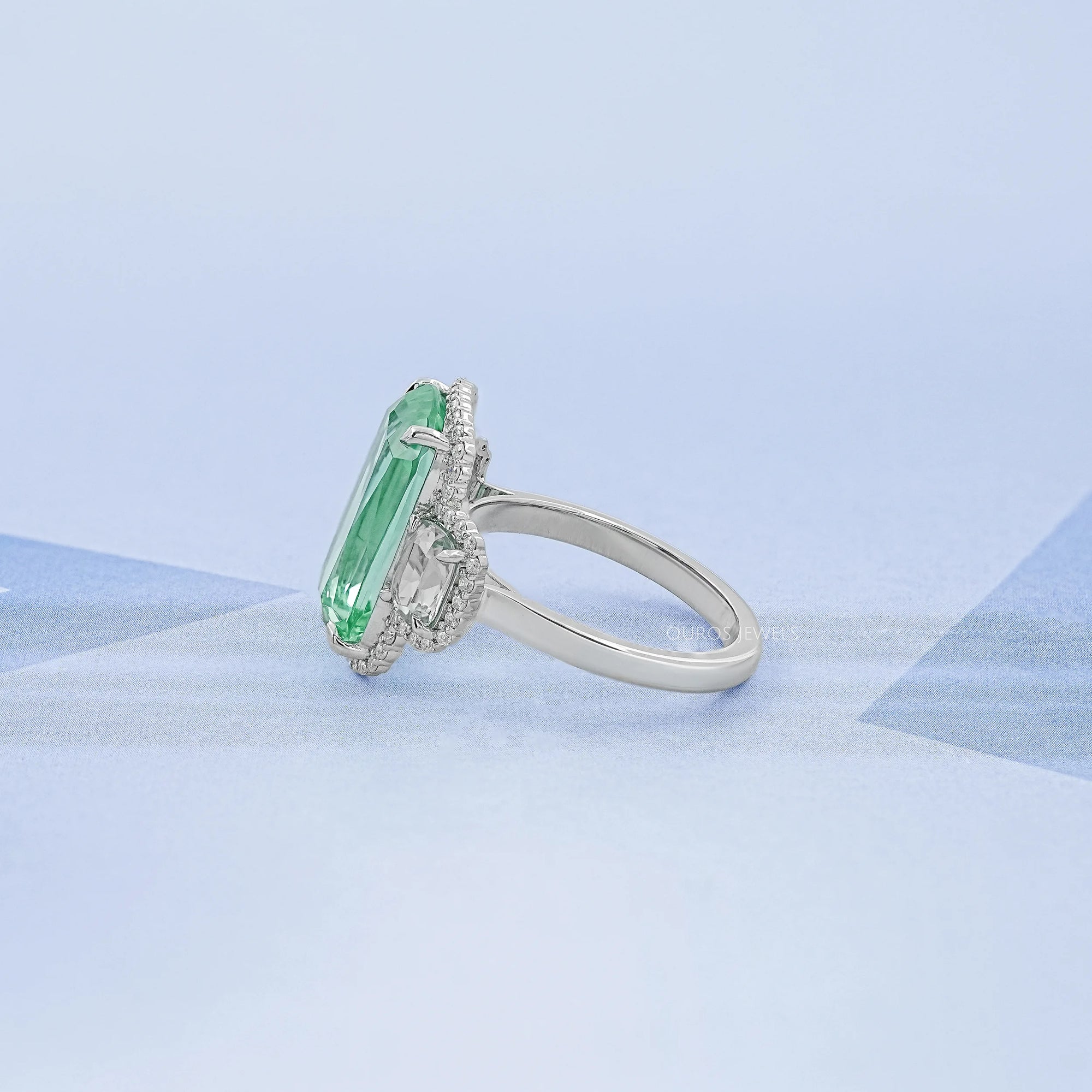 Trilogy Mint Green Cushion Gemstone Halo Ring Ring