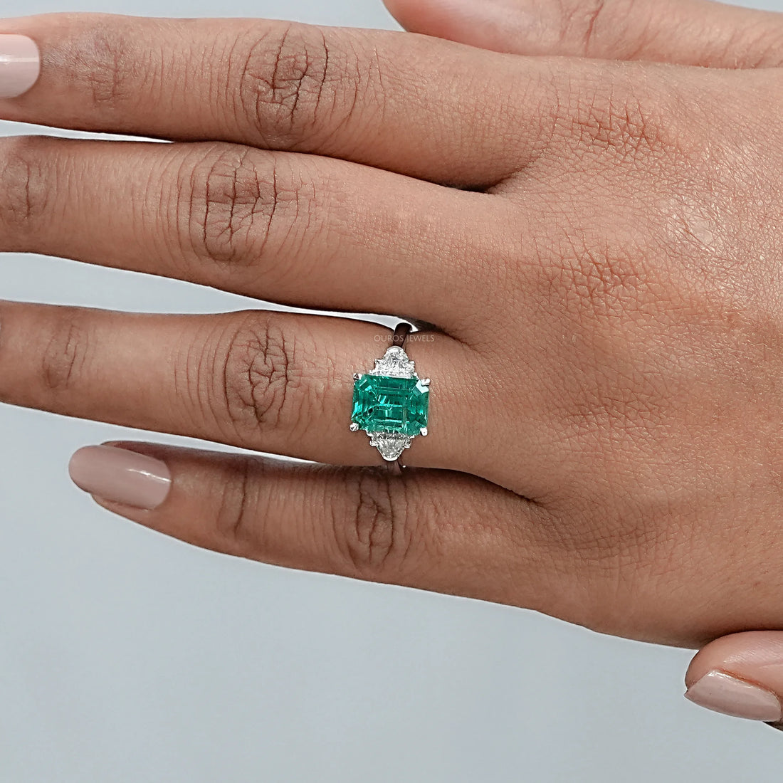 Green Emerald With Antique Diamond Three Stone Ring Ring