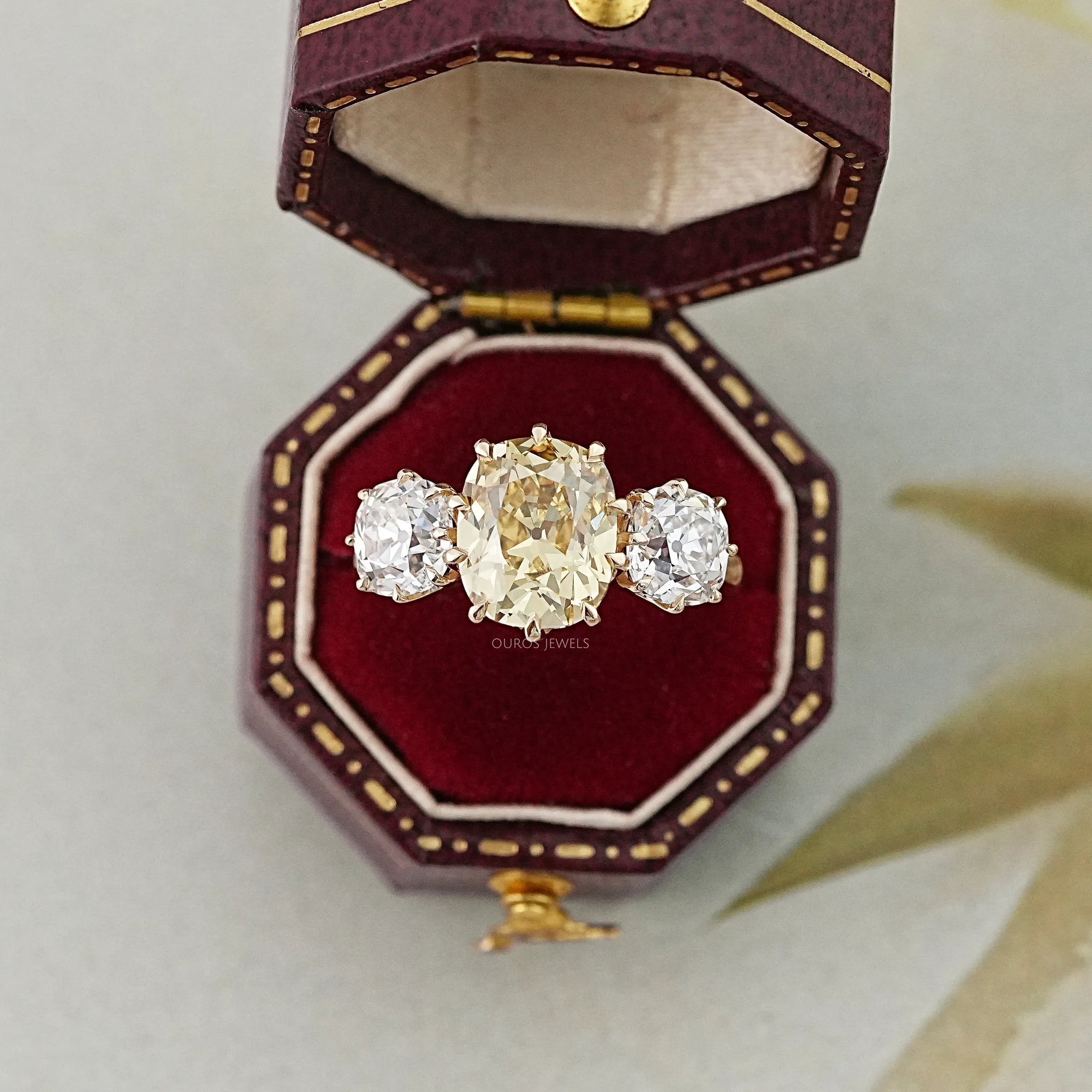 Fancy Yellow Old Mine Cushion Diamond Three Stone Ring Rings