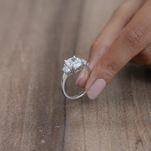cushion cut lab diamond three stone engagement rings's side view