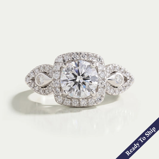 Three Stone Halo Diamond Engagement Ring