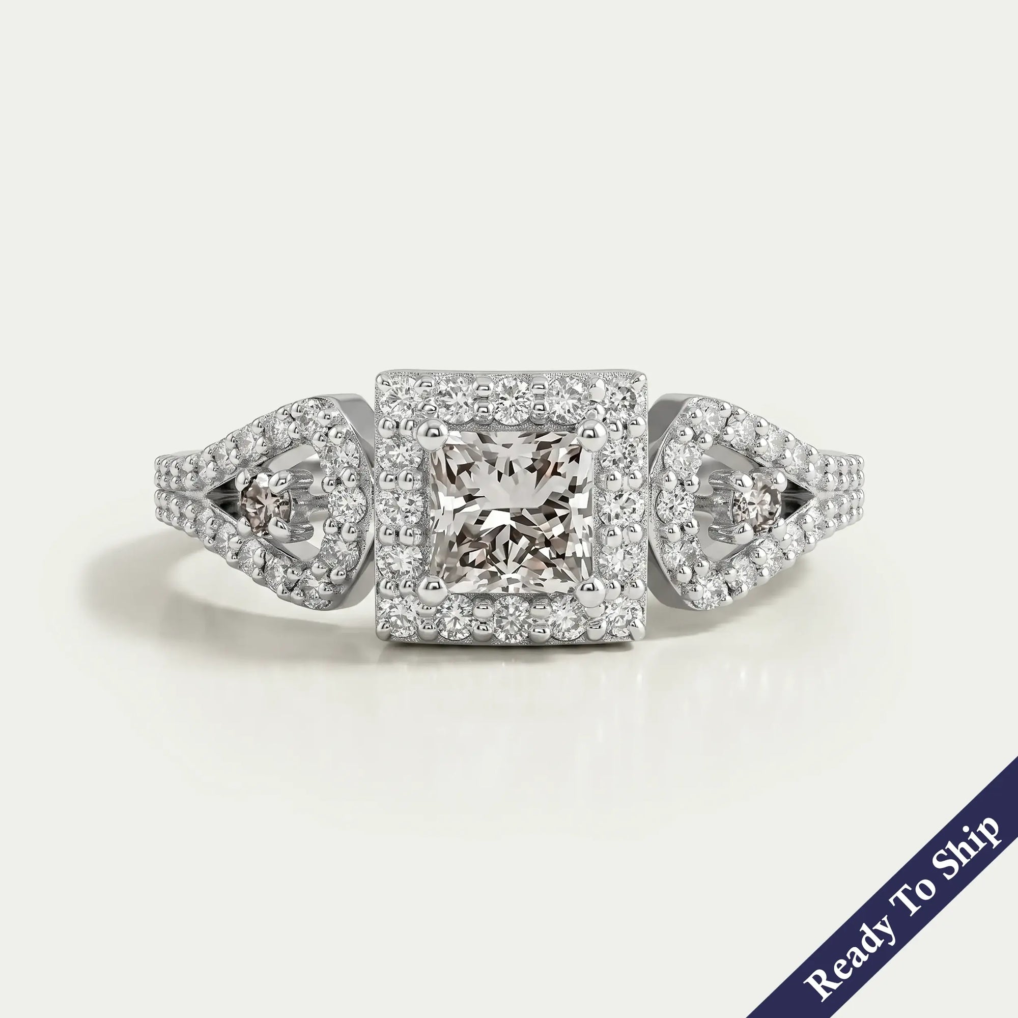 Olive Princess Cut Lab Diamond Three Stone Halo Ring Ring