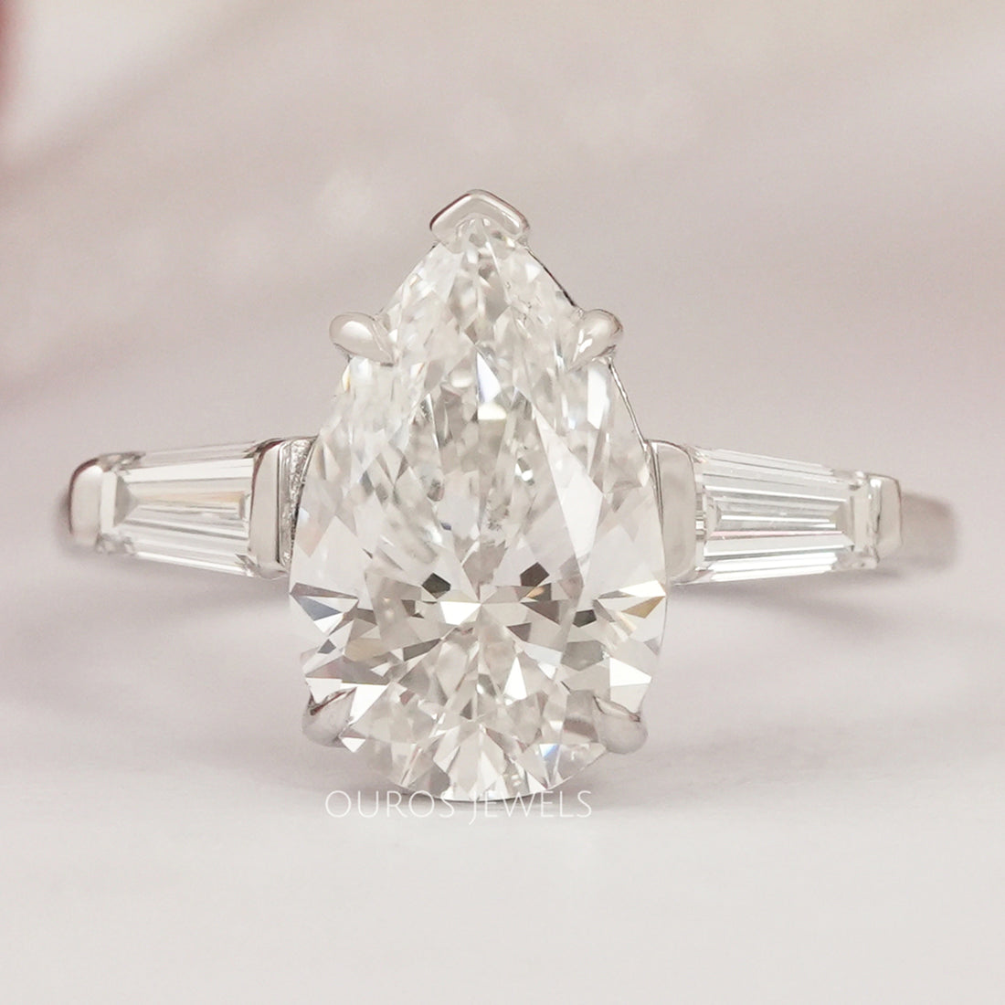 Three Stone Pear Diamond Engagement Ring - With Tapered Baguettes Rings
