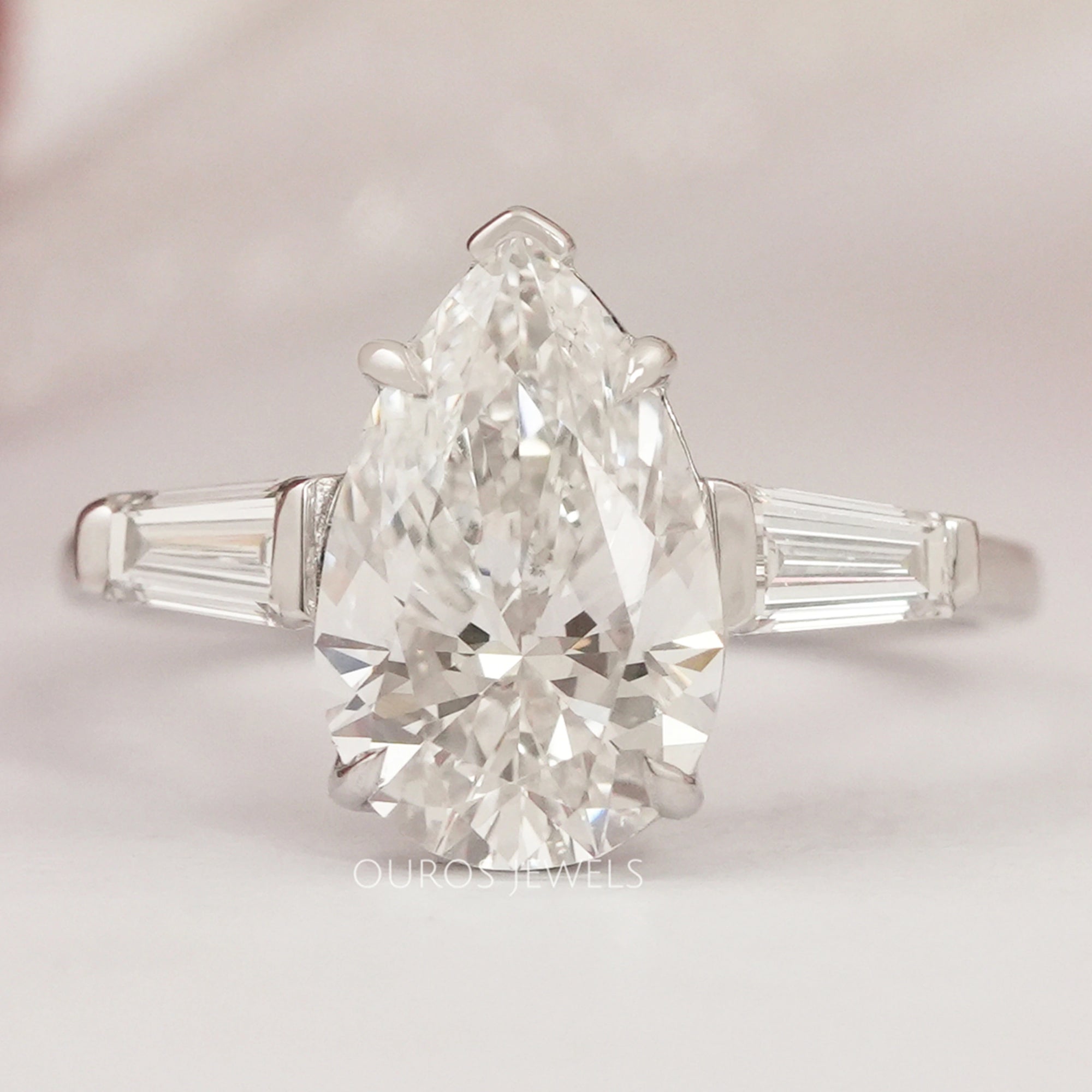 Three Stone Pear Diamond Engagement Ring - With Tapered Baguettes Rings
