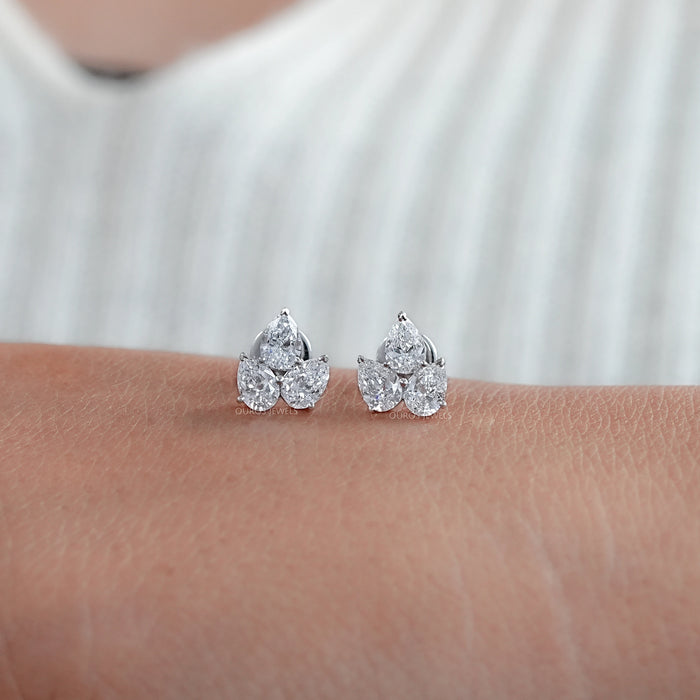 Pear Cut Lab Diamond Stud Earrings In Three Stone