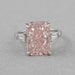front view of pink radiant-cut lab diamond three-stone colored engagement ring